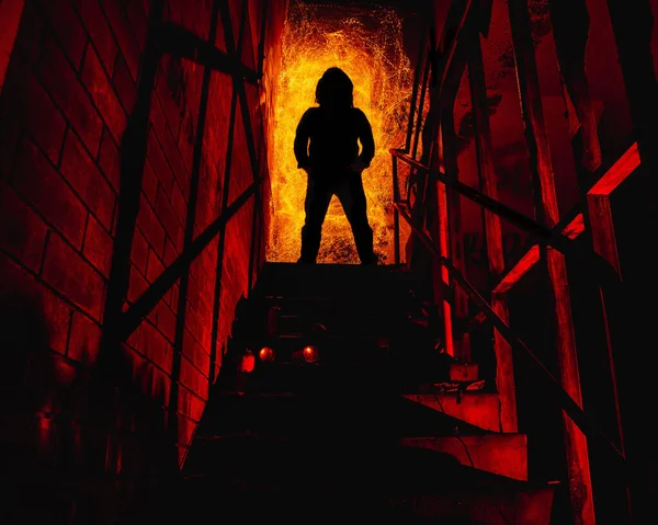 Silhouette Man Top Stairs Coming Out Portal — Stock Photo, Image