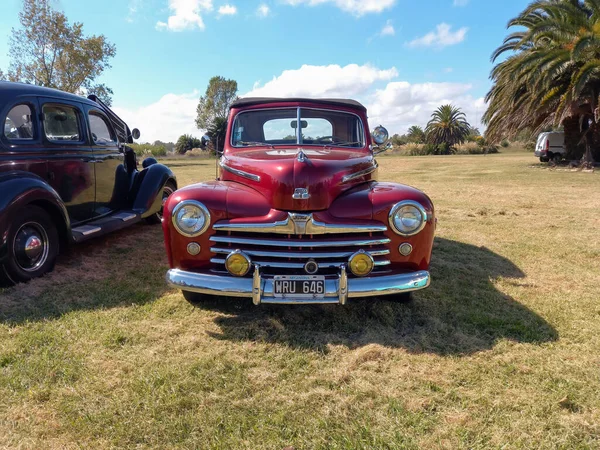 Old Red Ford Super Deluxe Convertible 1946 1948 Grass Front — Fotografia de Stock