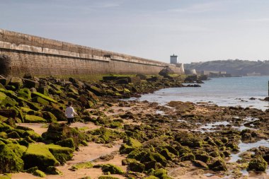 A beautiful view of a child on a rocky beach under the blue sky