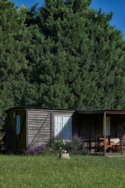 Yazın ormandaki kır evine giden tren vagonu.