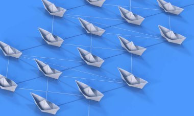 Mavi arka planda birbirine bağlı kağıt teknelerin bir çizimi