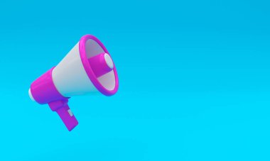 A 3D illustration of a megaphone on a blue background with copy space