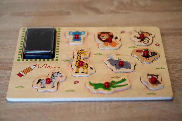 Closeup Wooden Stamp Set Kids Animal Shapes Develop Learning — Foto de Stock