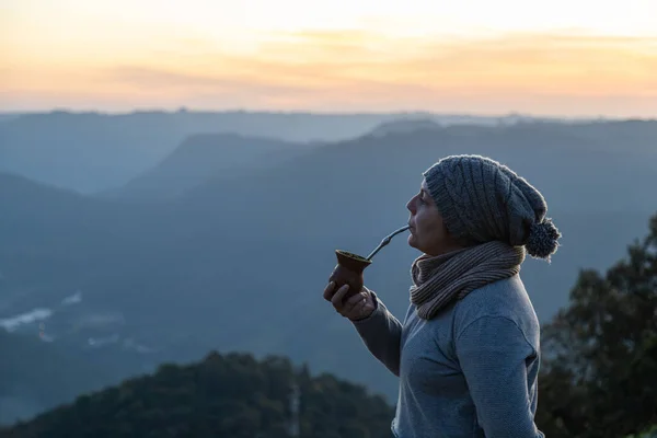 Woman Drinking Yerba Mate Drink Morning Top Mountain Rio Grande — Stock Photo, Image
