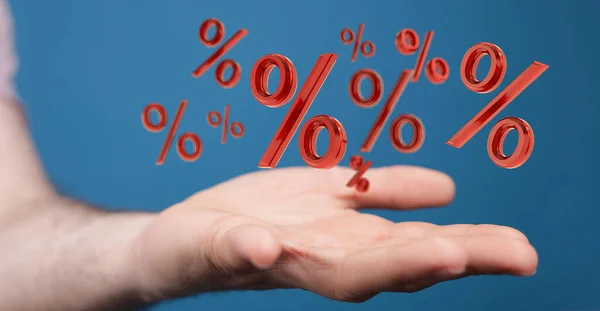 赤いデジタルパーセント記号 手数料の概念を持つ男の手 — ストック写真