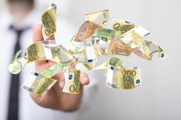 Blurred Man Opening Hands Money Euro Banknote Hand Rain — Stock Photo, Image