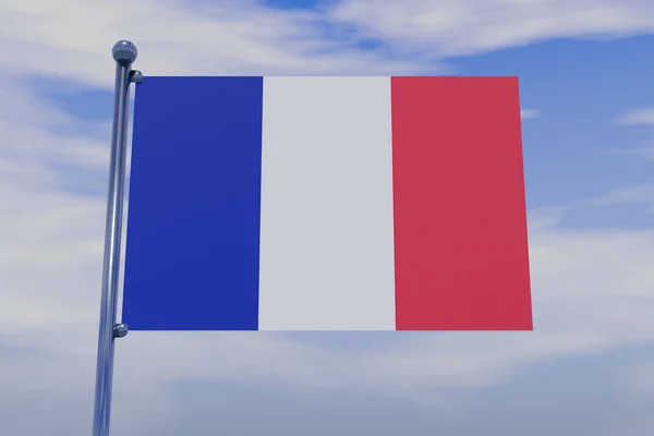青い空にスナップフック付きクロームの旗竿を持つフランスの旗の3Dイラスト — ストック写真
