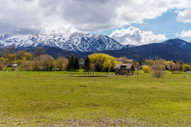 Utah, ABD 'de karla kaplı güzel dağların alçak açılı görüntüsü.