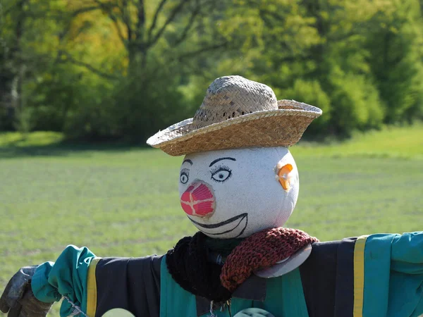 A closeup of a scarecrow in the field