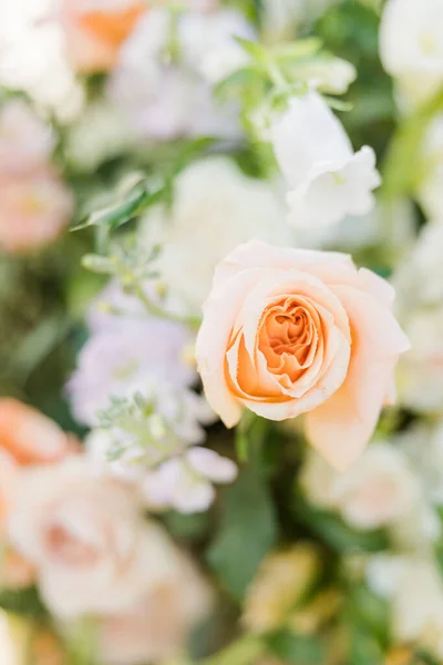 Tiro Vertical Buquê Com Belas Rosas Pêssego Luz — Fotografia de Stock