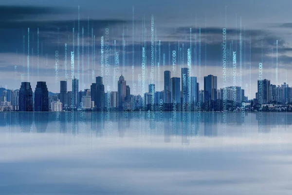 Abstrakt Stadsbild Med Siffror Som Överförs Till Himlen Big Data — Stockfoto