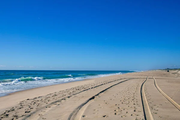 View Sandy Shoreline Tire Tracks Blue Sky — Photo