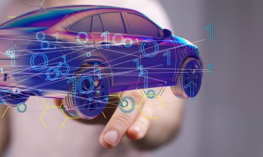 A person presenting the 3D render of energy car concept