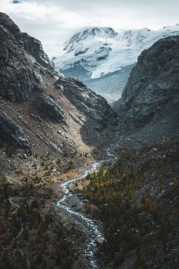 A vertical shot of a valley with a stream and pine trees at the bottom and mountains in the background