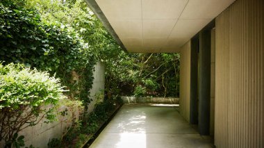 A beautiful shot of a walkway next to the modern building