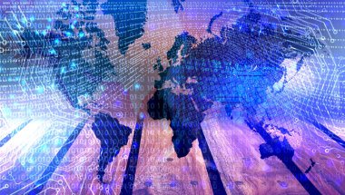 Yüksek hız. Dünya haritası soyut teknoloji arkaplan kavramı. Koyu mavi arkaplan üzerinde hareket deseni ve hareket bulanıklığı.