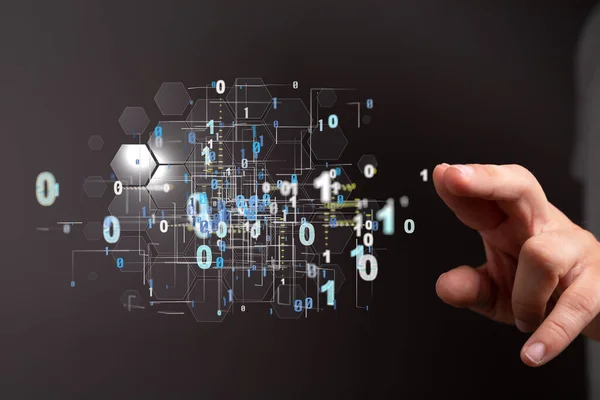 Hand Pointing Digital Binary Codes Concept Lines Futuristic Data Flow — Stock Photo, Image