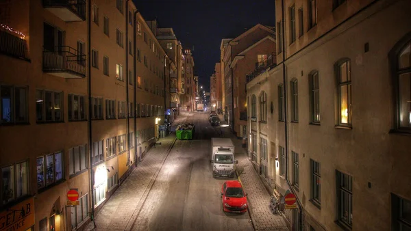 Narrow Street Old Buildings Parked Cars Night Kammakargatan Stockholm Sweden — Stock Photo, Image