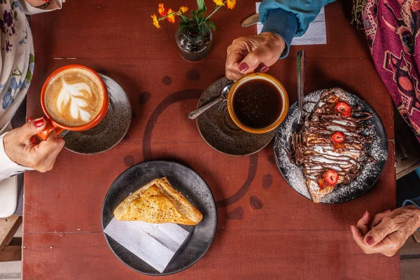 Top View Dessert Table Cup Coffee Cup Tea Cakes — Stockfoto