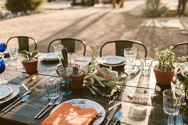 テーブルの上に小さなサボテンの植物と砂漠の近代的な屋外イベントテーブルの設定 — ストック写真