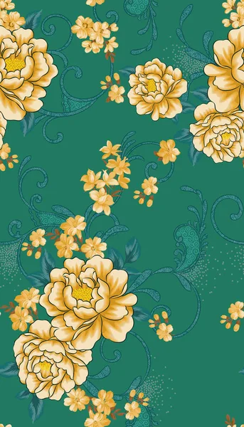 A Seamless vintage pattern floral ornament design on a green background