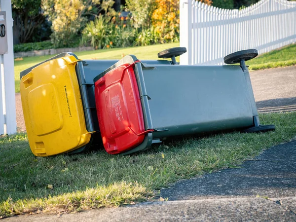 View Rubbish Wheelie Bins Toppled Strong Wind Laying Ground — Stock Photo, Image