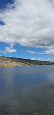 Güneşli bir baharda sakin göl üzerinde bulutlu mavi gökyüzünün dikey görüntüsü.