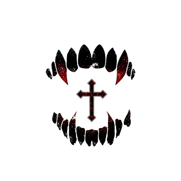 Scary vampire teeth with blood and a cross isolated on a white background