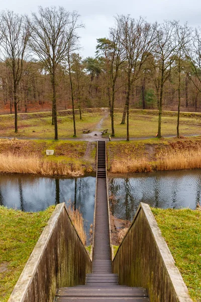 Beautiful View Wooden Bridge Crossing Small River Park — Fotografia de Stock