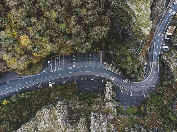 Aerial View Curly Road Parked Cars Green Mountains — Stock Photo, Image