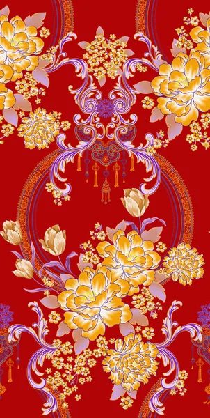 A Seamless vintage pattern ornament design on a red background