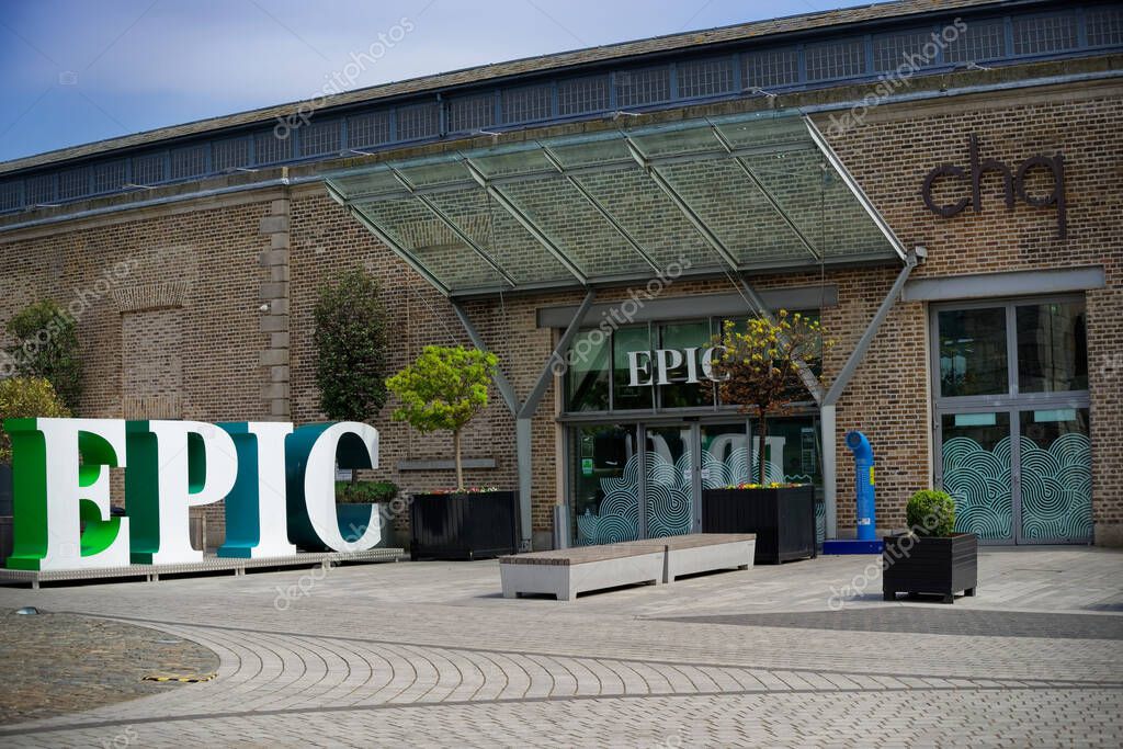 An entrance to the EPIC Irish Emigration Museum in the Chq Building on Custom House Quay. Interactive museum about history of the Irish diaspora.