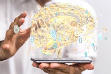 A 3D rendering of digital brain in front of a male holding smartphone- concept for creative brain network and digital IQ