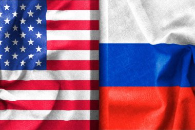 A split illustration of USA and Russia flags depicting the conflict between countries