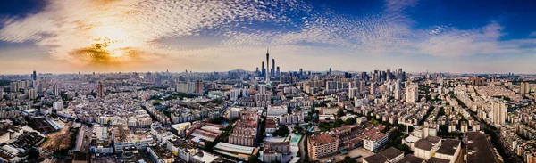 Panoramic Shot Buildings Modern Cityscape Cloudy Sky Sunset — Stock Photo, Image