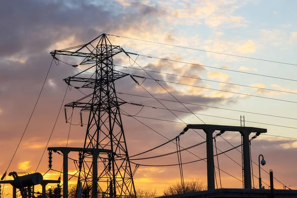 Silhouette Pylon Substation Warm Sunset Sky High Quality Image — Stock Photo, Image