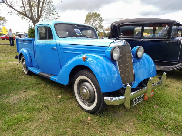 Old blue Mercedes Benz 170 w136 pickup truck circa 1950. Green grass nature background. Utility or farming tool. Classic car show.