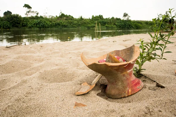 Eine Einsame Pflanze Und Ein Kaputter Topf Sand Eines Flussufers — Stockfoto
