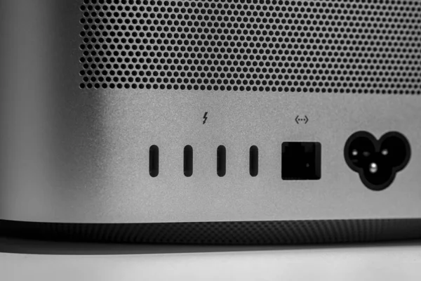 Ports and ventilation grid of modern new desktop computer system