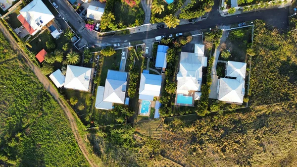 Aerial Top View Multiple Houses Surrounded Trees Fields — Stockfoto