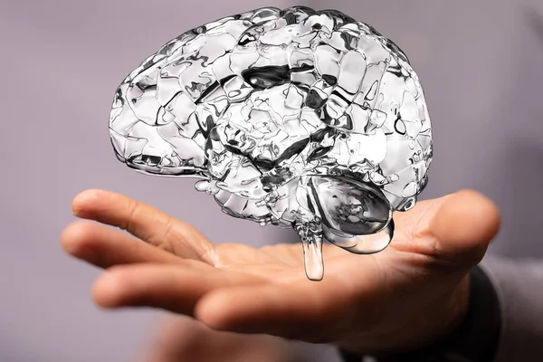 Ett Hologram Renderad Hjärnsymbol Med Person Bakom Som Förklarar Artificiella — Stockfoto