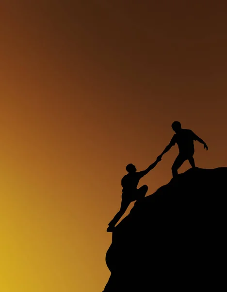 A silhouette of human giving hand and helping to climb on rock