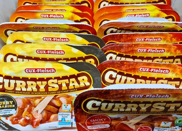 Closeup Shot Packages Currywurst Brand Currystar Refrigeration — Stock Photo, Image