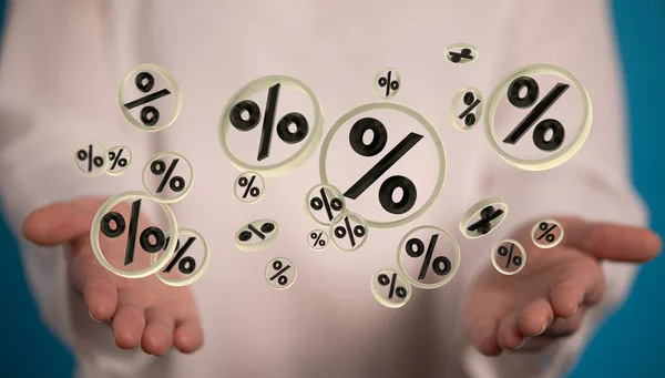 Rendering Hologram Percentage Icons Floating Hands Interest Rates Concept — Stock Photo, Image