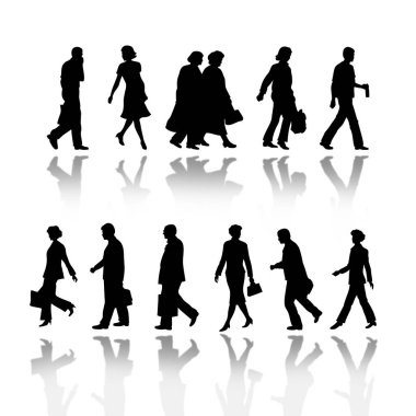 A digital illustration of people silhouettes on white background.