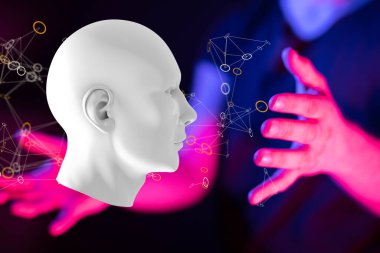 A close-up shot of a man holding artificial intelligence digital technology 3D illustration background