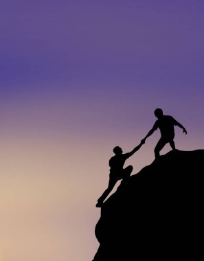 İnsan eli uzatan ve kayaya tırmanmaya yardım eden bir siluet.