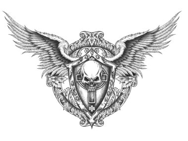A digital black white tattoo illustration of an acanthus crown with a skull and wings