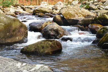 A beautiful view of rocks in a flowing river