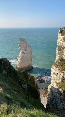 A vertical shot of the Needle Rock in Etretat, Normandy, France
